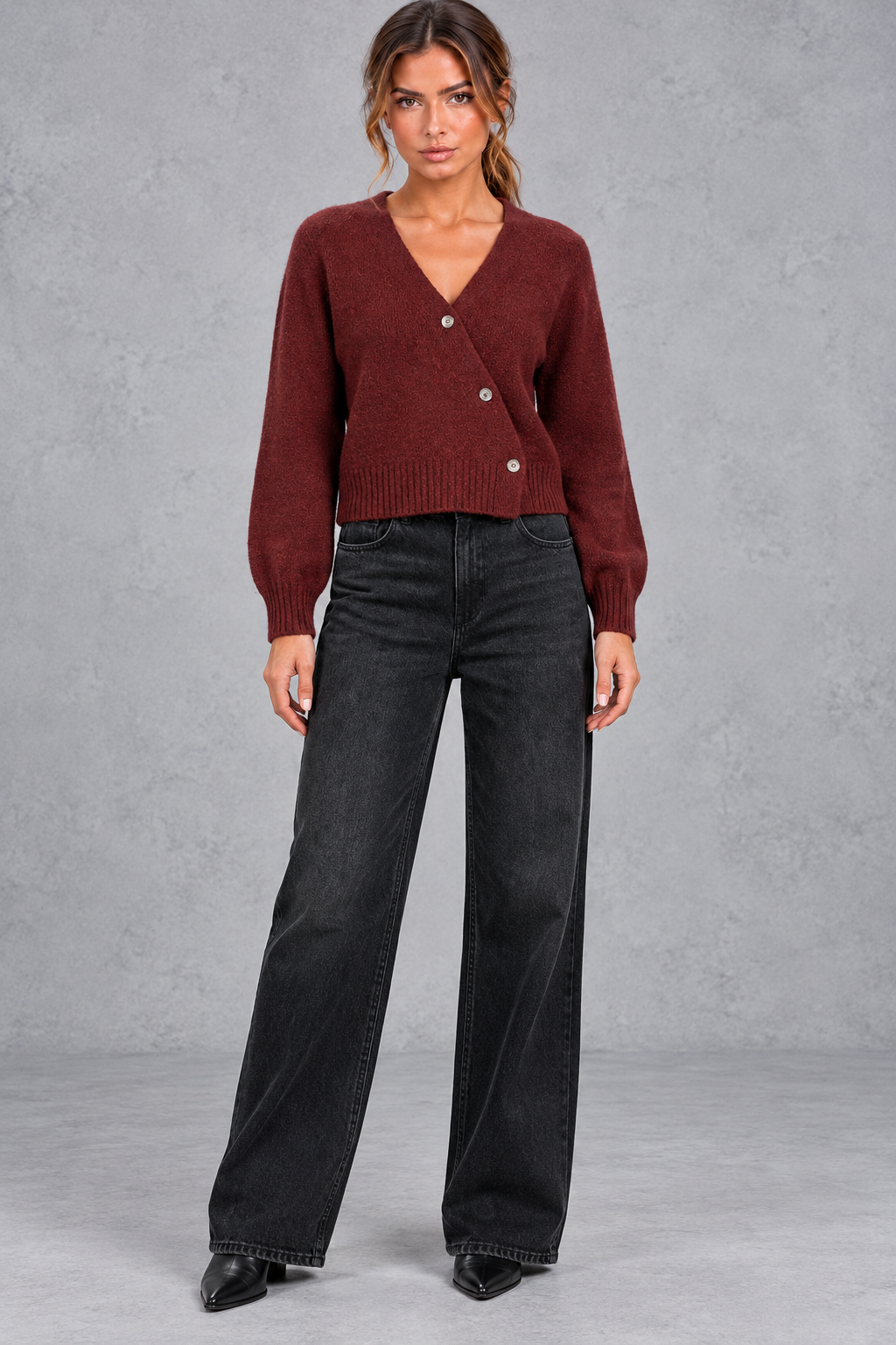 Women's Cropped Puff Sleeve Cardigan in Burgundy – full-length view
