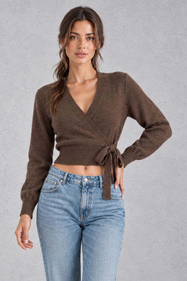 Women's Cropped Wrap Cardigan in Brown – front view