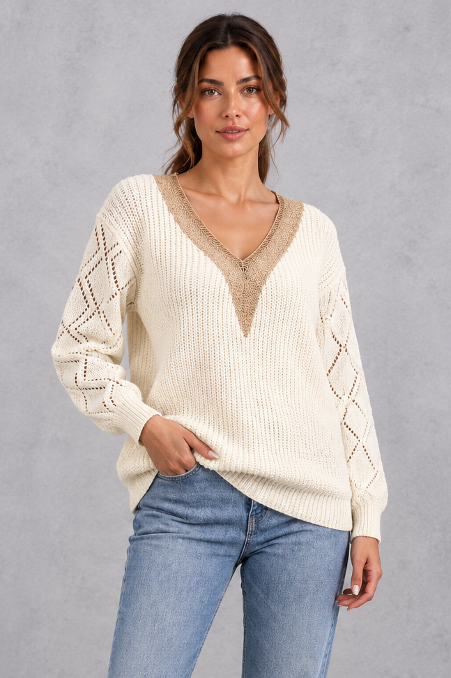 Women's deep V-neck knitted jumper in Cream – front view