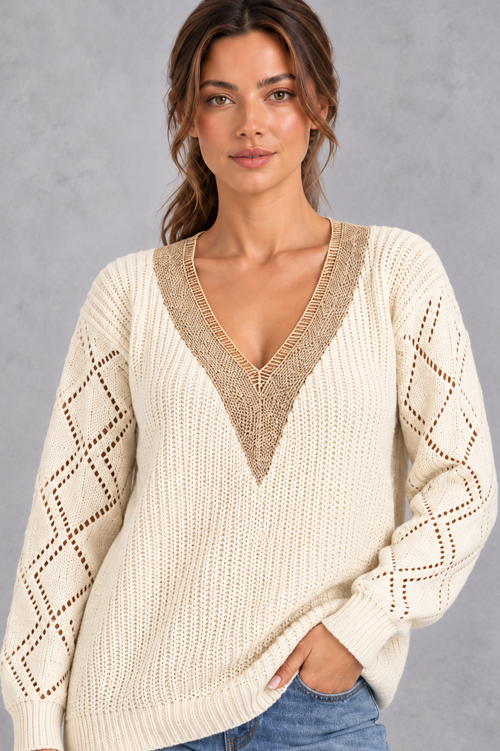 Women's deep V-neck knitted jumper in Cream – close-up