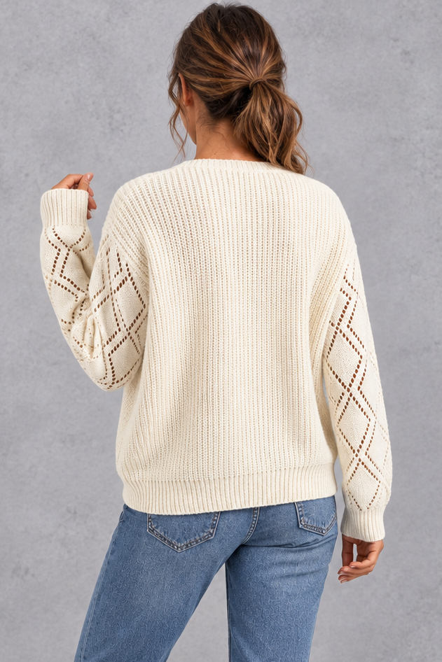 Women's deep V-neck knitted jumper in Cream – back view