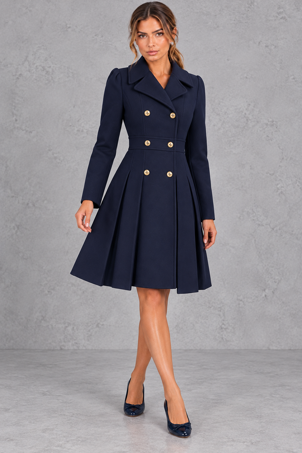 Women's Double-Breasted Fit-and-Flare Coat – Navy Blue