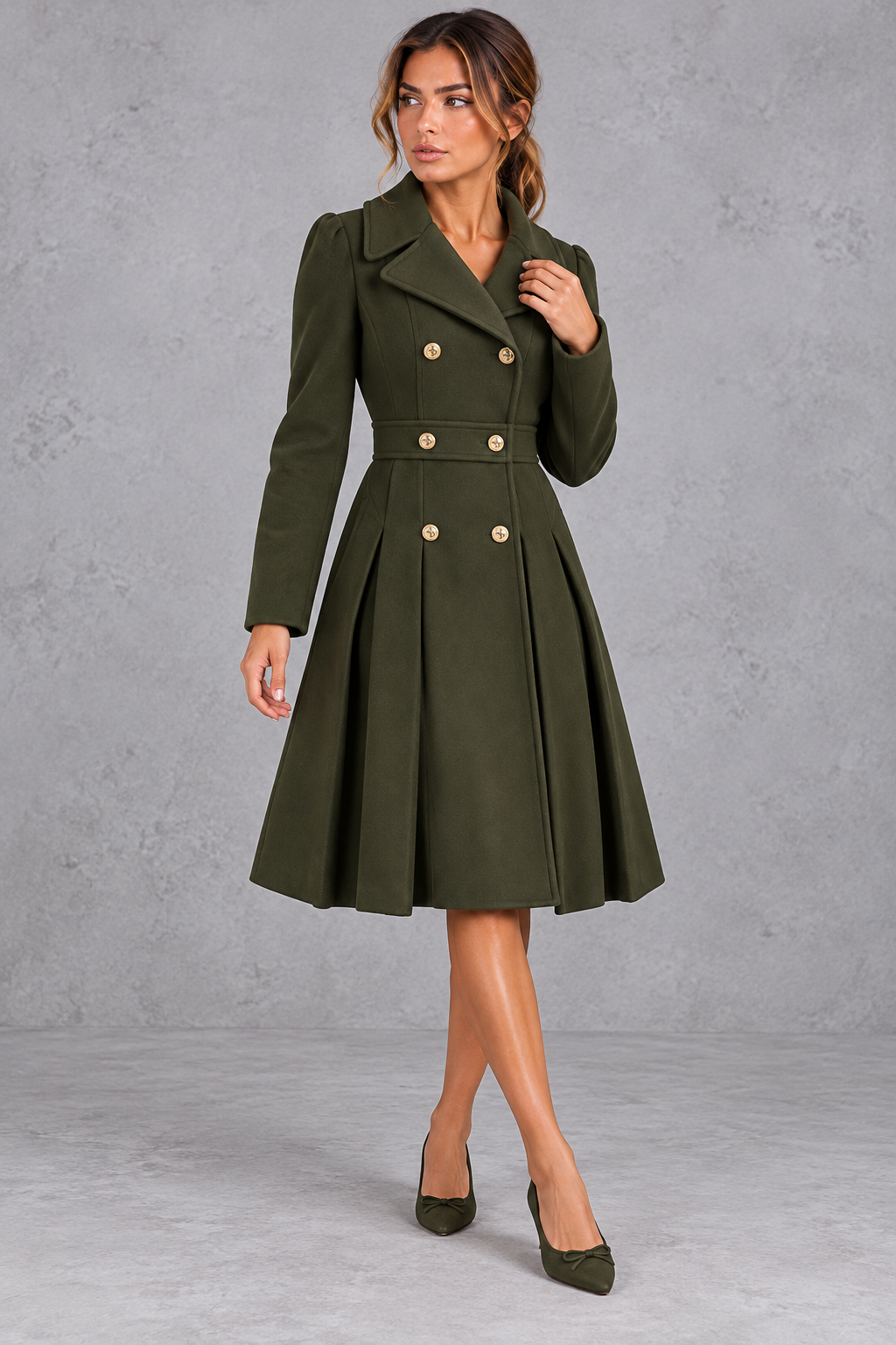 Women's Double-Breasted Fit-and-Flare Coat – Olive Green