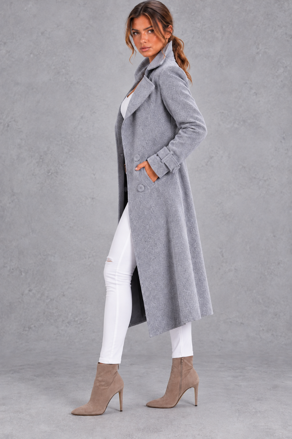 Women's Double-Breasted Long Coat – Notched Lapels & A-Line Silhouette – Grey – side view