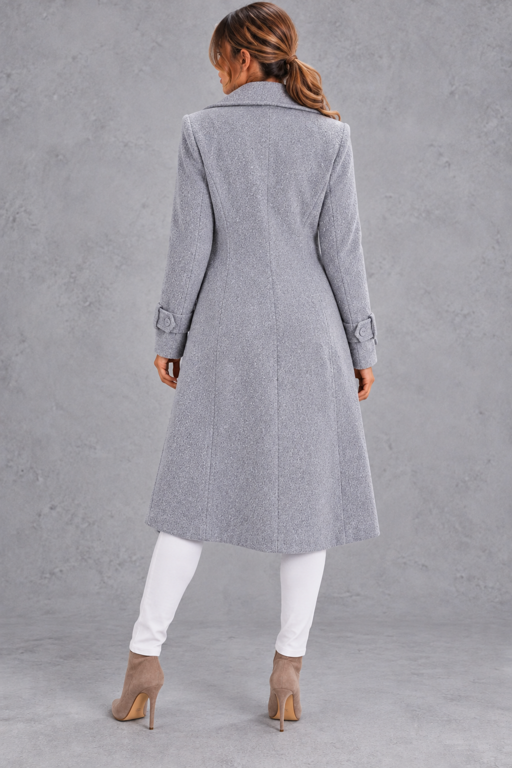 Women's Double-Breasted Long Coat – Notched Lapels & A-Line Silhouette – Grey – back view