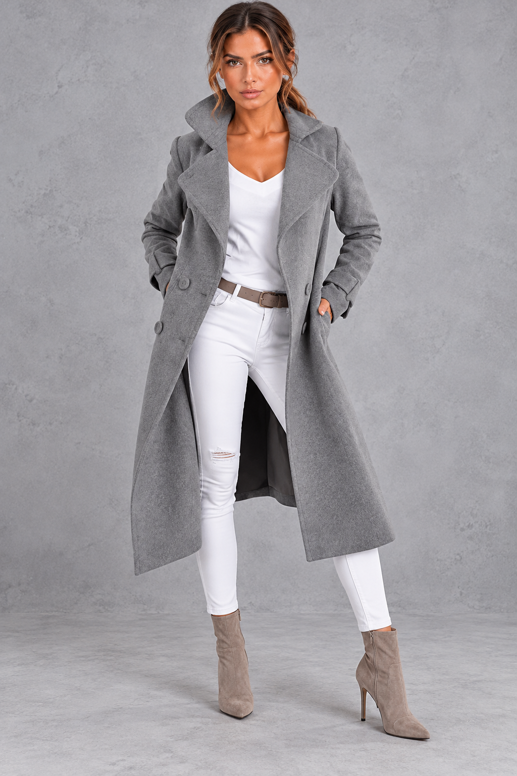 Women's Double-Breasted Long Coat – Notched Lapels & A-Line Silhouette – Dark Grey – front view
