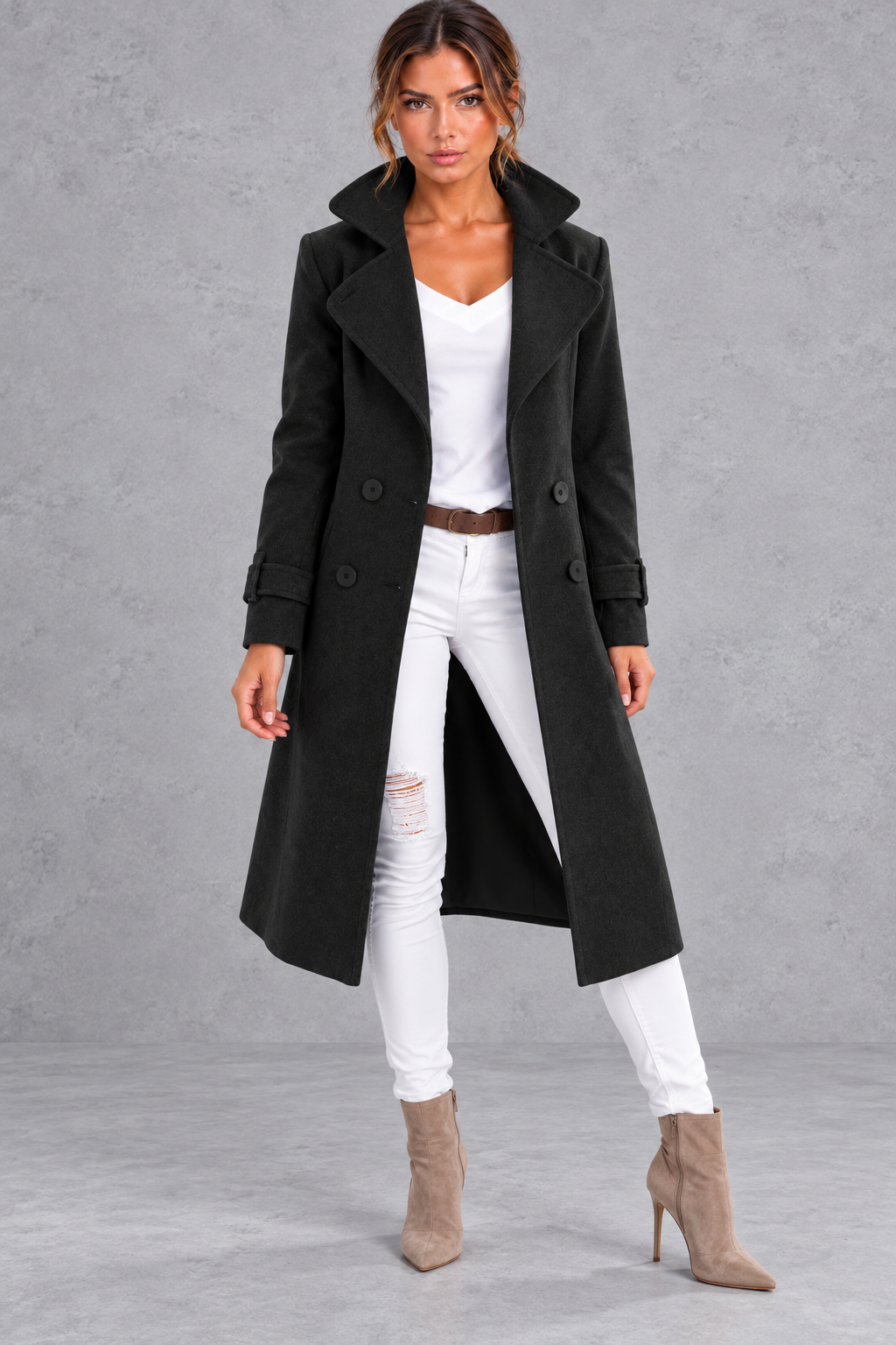 Women's Double-Breasted Long Coat – Notched Lapels & A-Line Silhouette – Black – front view