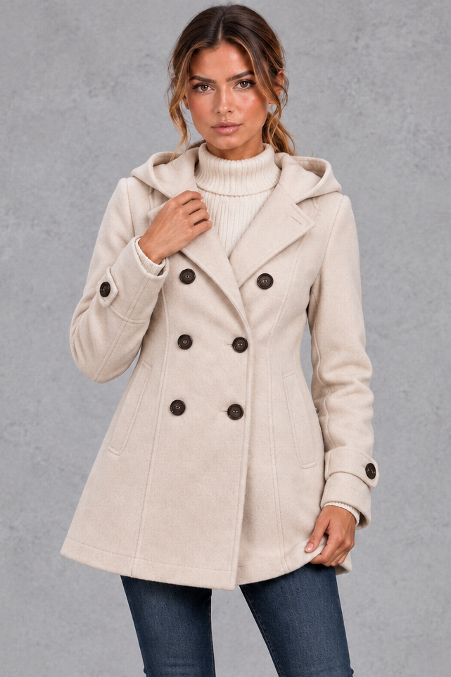 Women's Double-Breasted Pea Coat in Beige – front view