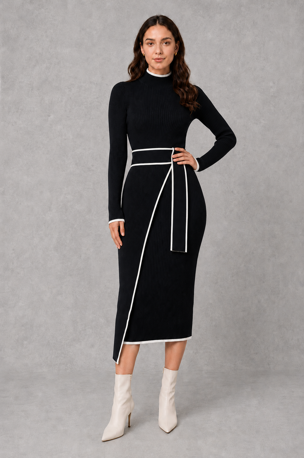 Women’s elegant draped bodycon knit midi dress with a fitted silhouette and softly gathered detailing, ideal for smart-casual and evening wear.