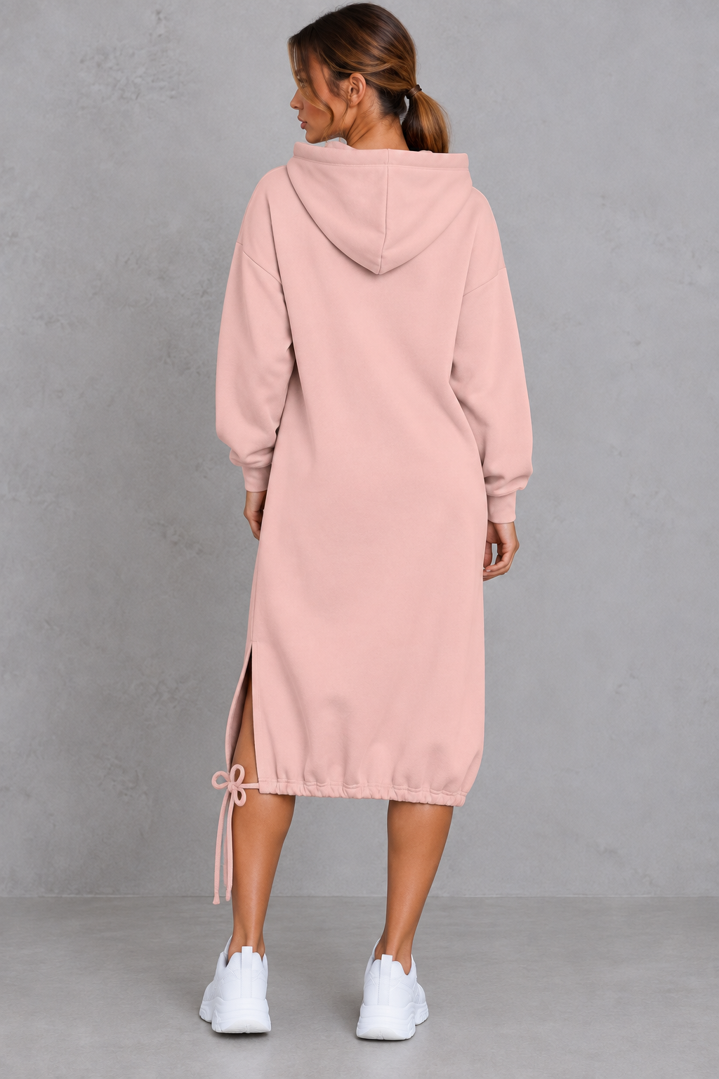 Women's pink hooded sweatshirt midi dress with side split – back view