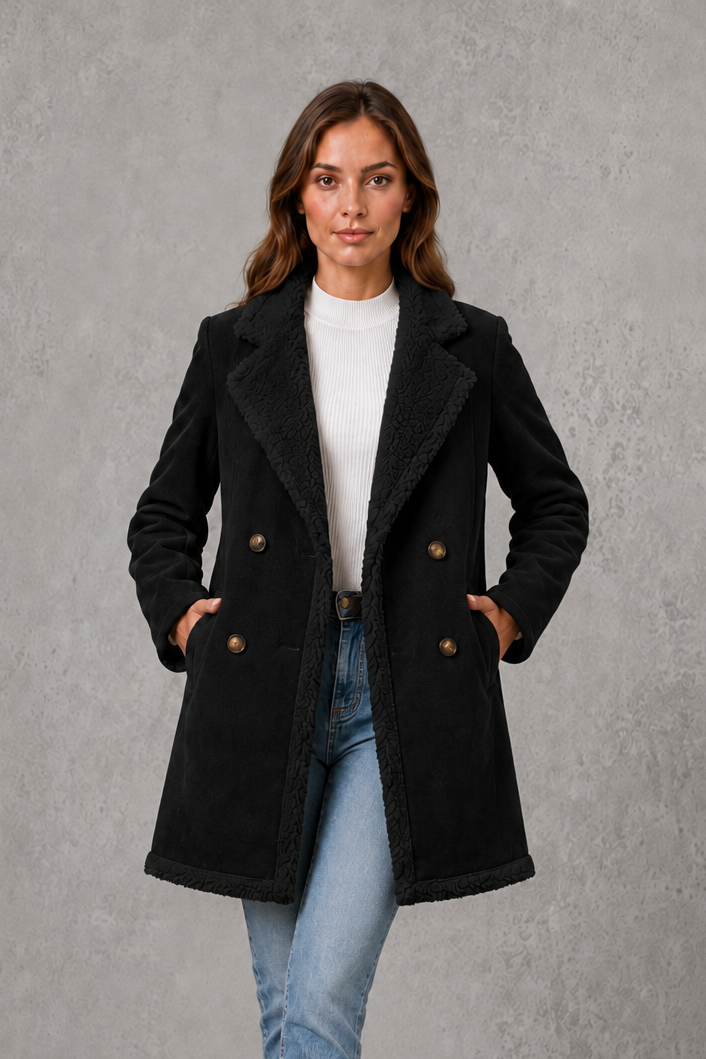 Women’s elegant double-breasted winter coat with a suede-look exterior and cosy shearling-style lining.