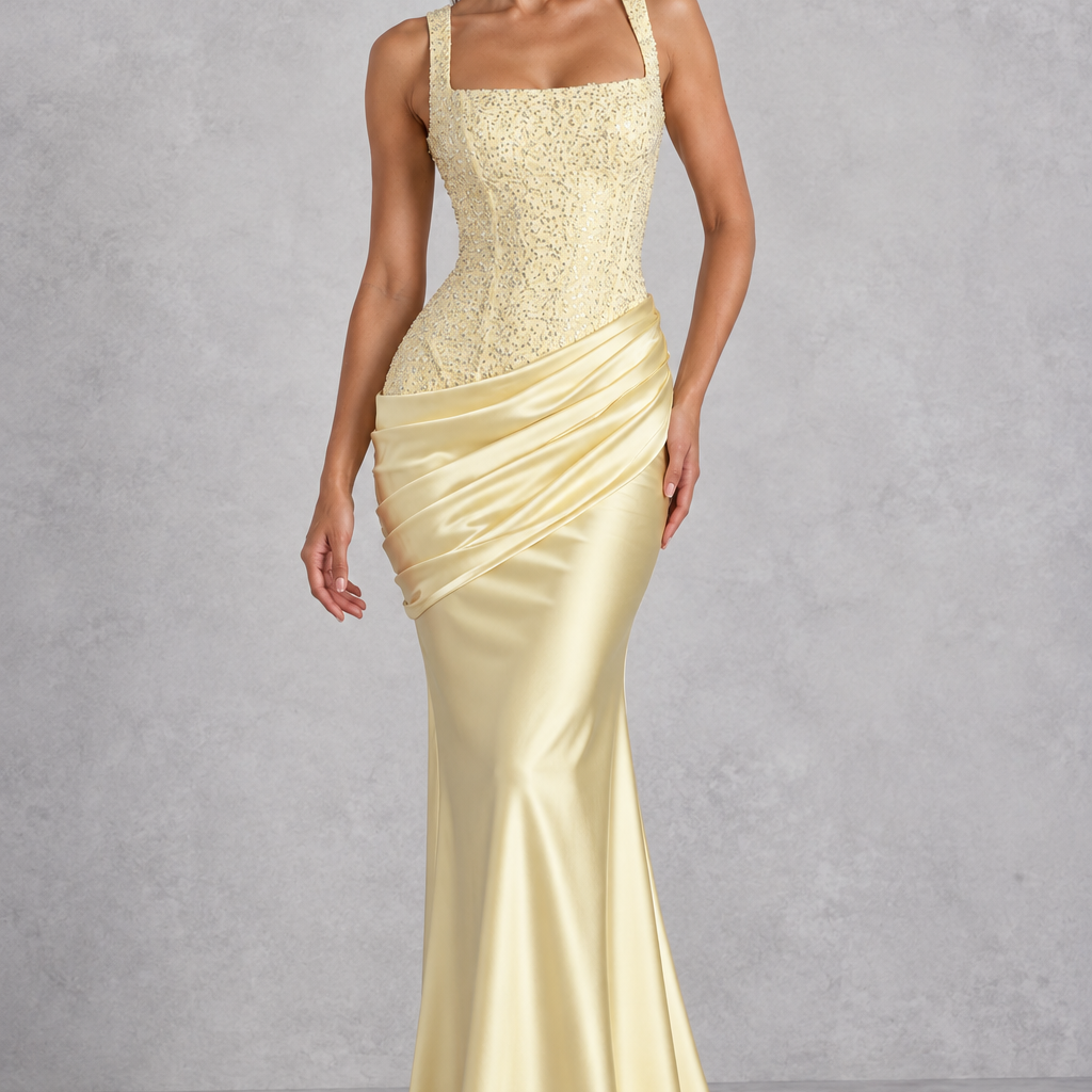 Women’s embellished corset satin maxi dress with square neckline, lace-up back, asymmetric pleated hip draping and flared hem.