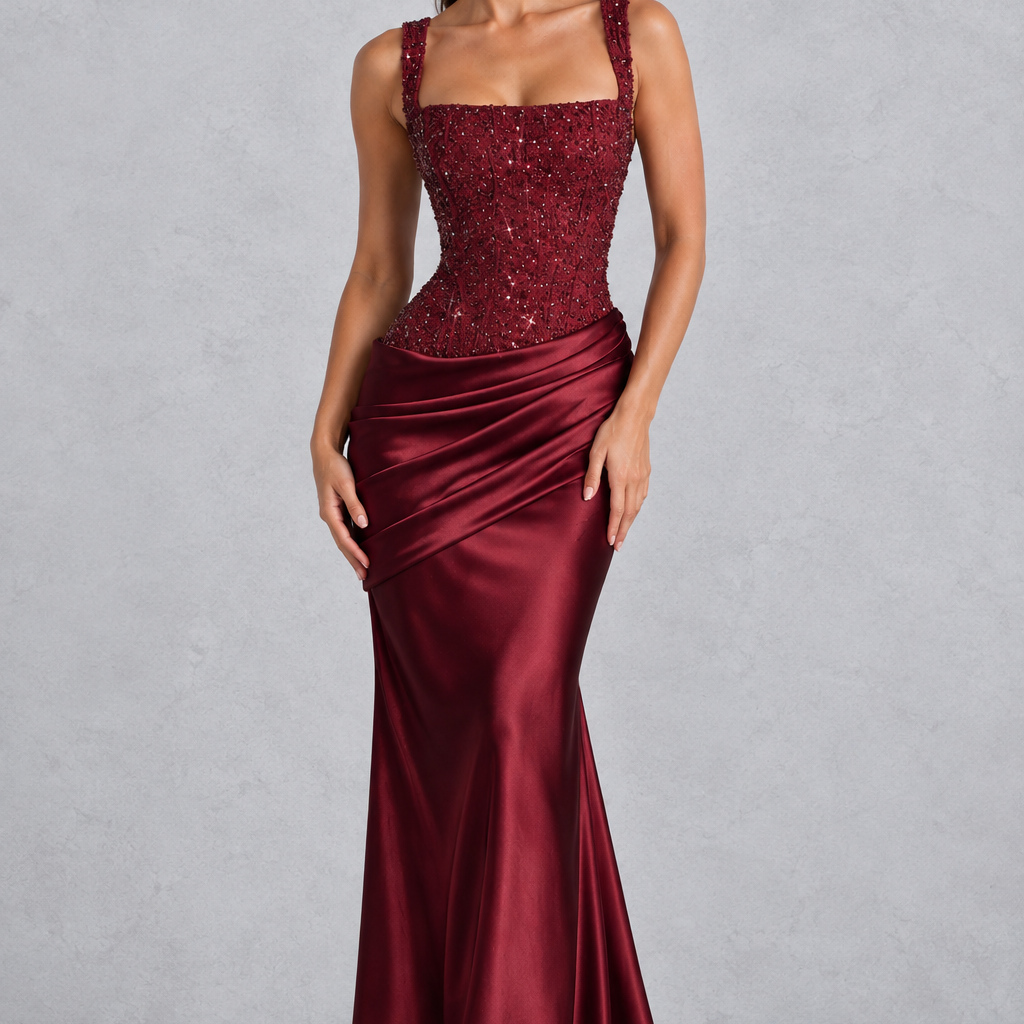 Women’s embellished corset satin maxi dress with square neckline, lace-up back, asymmetric pleated hip draping and flared hem.