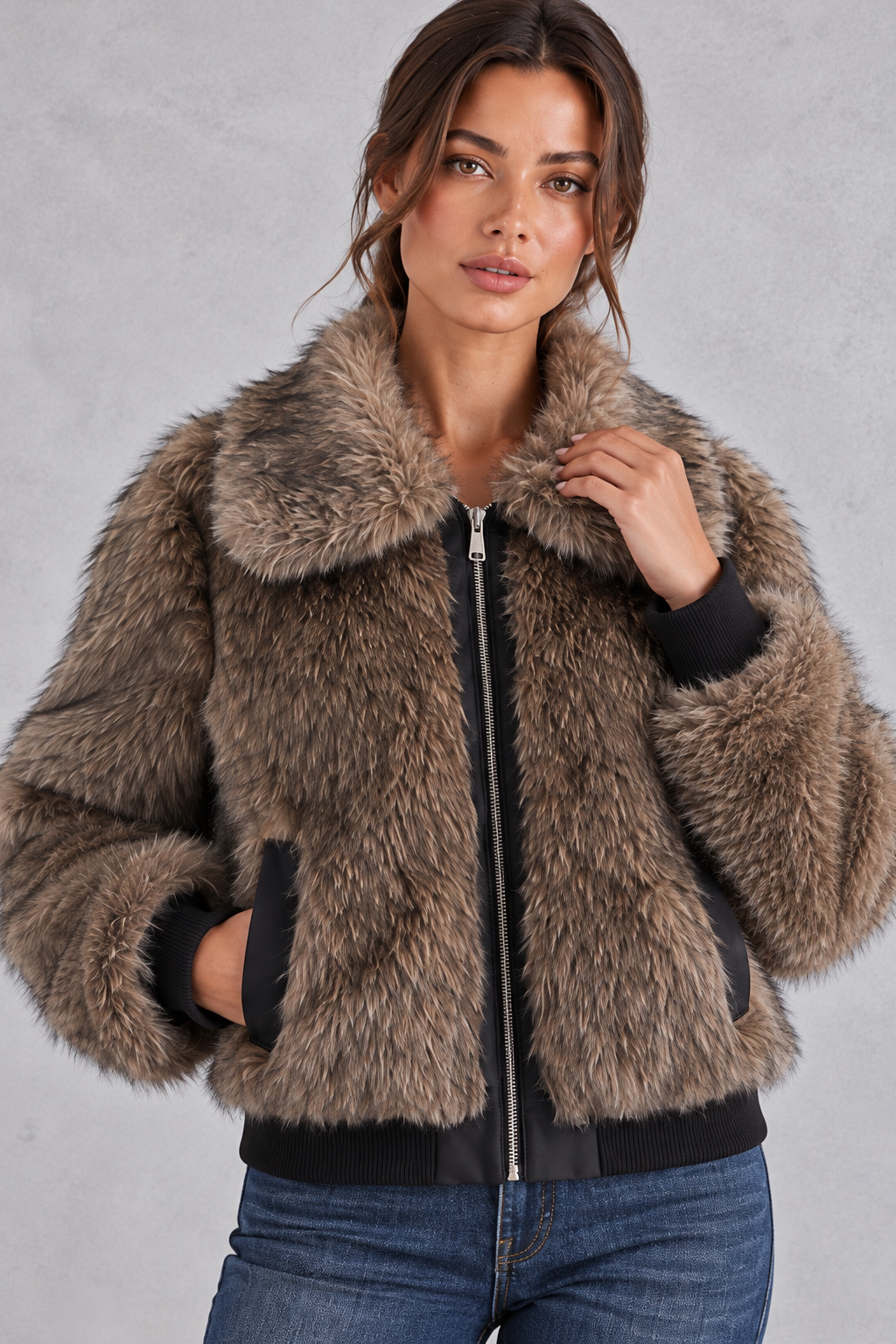 Women's faux fur bomber jacket in Brown – close-up view