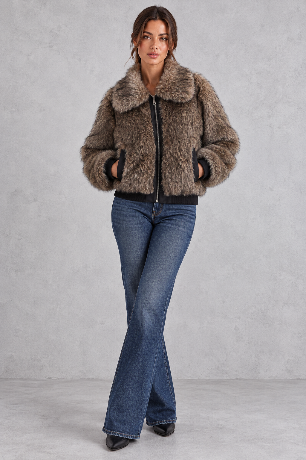 Women's faux fur bomber jacket in Brown – full-length view