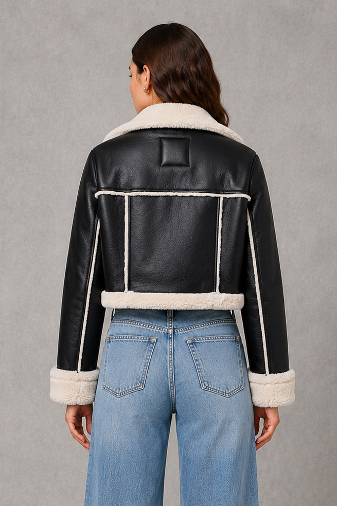 Women’s cropped winter jacket with a soft faux fur collar, contemporary silhouette and elegant finish for smart-casual and evening styling.
