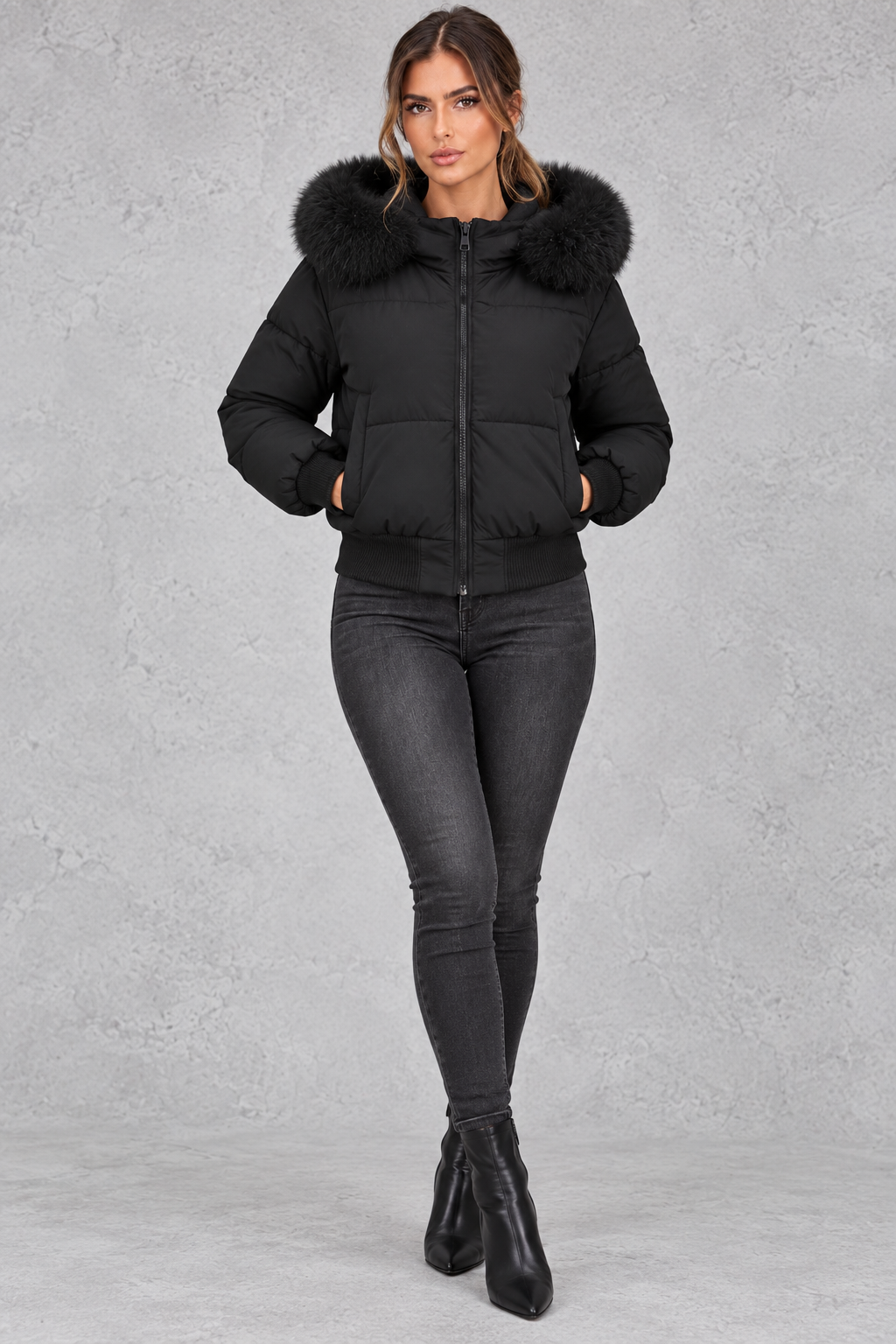 Women’s padded puffer jacket with a plush faux fur collar, full zip front, long sleeves and elasticated cuffs and hem.