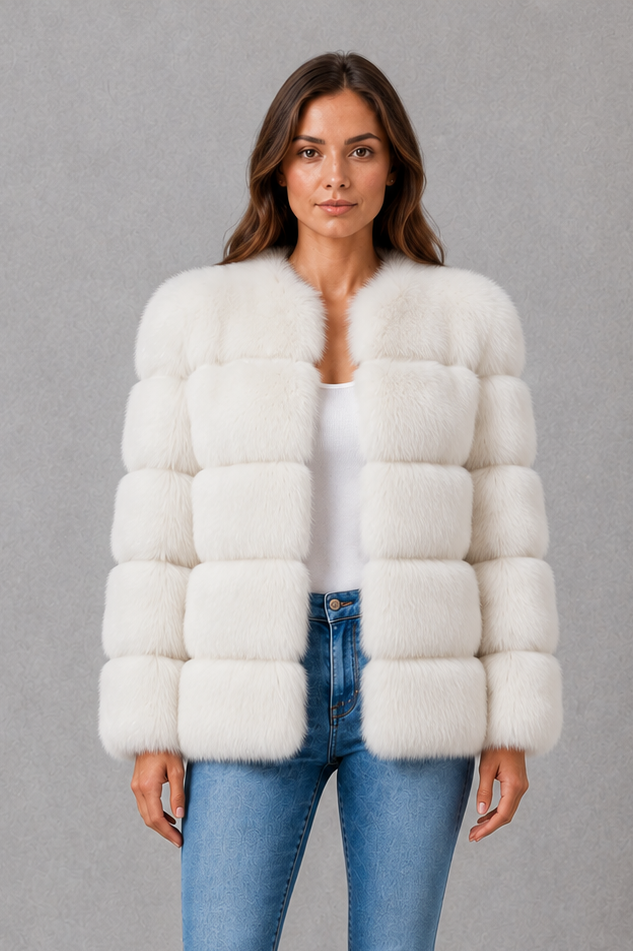 Women’s plush faux fur jacket with an elegant statement collar, relaxed silhouette and soft textured finish for autumn and winter styling.