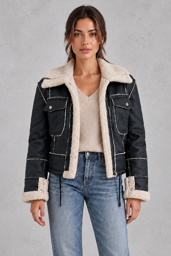 Women’s cropped aviator jacket with an oversized faux shearling collar, plush lining, flap chest pockets and adjustable drawcord hem.