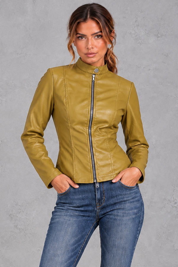 Women's fitted biker jacket in Mustard – front view