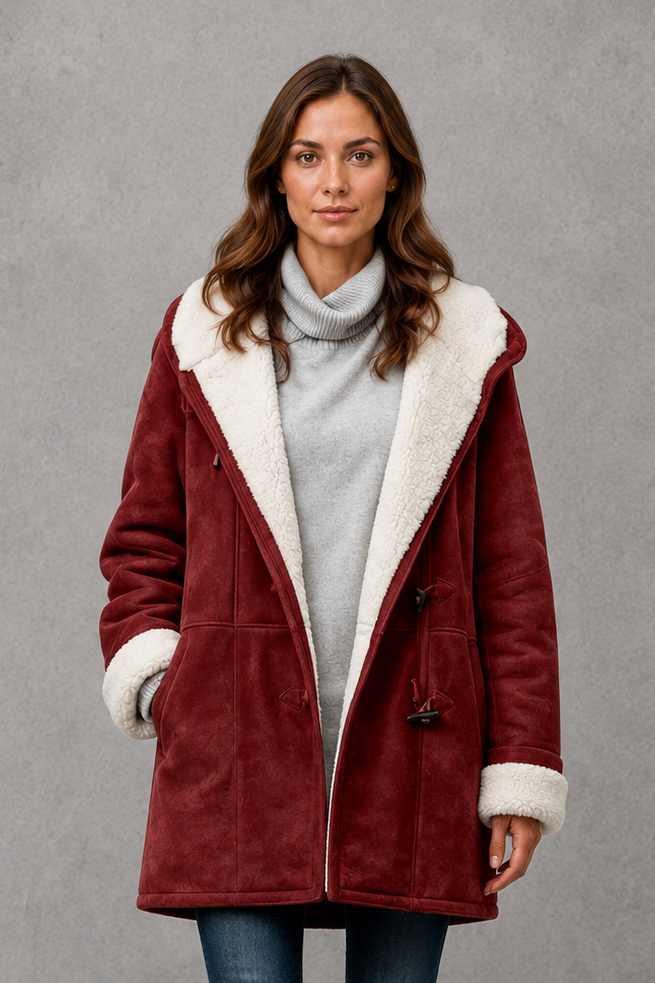 Women’s fleece-lined winter coat with a soft cosy interior, flattering feminine silhouette and elegant design for everyday cold-weather wear.