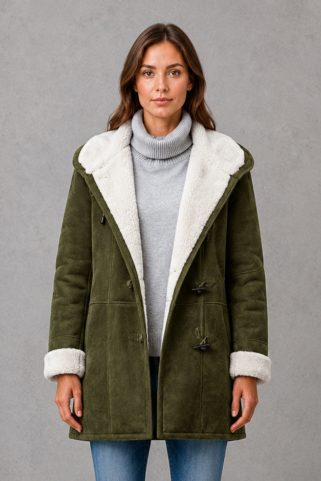 Women’s fleece-lined winter coat with a soft cosy interior, flattering feminine silhouette and elegant design for everyday cold-weather wear.