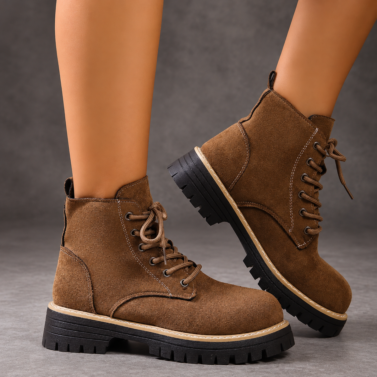Women’s Fleece-Lined Lace-Up Ankle Boots – Chunky Sole Winter Shoes – Brown – on-foot view