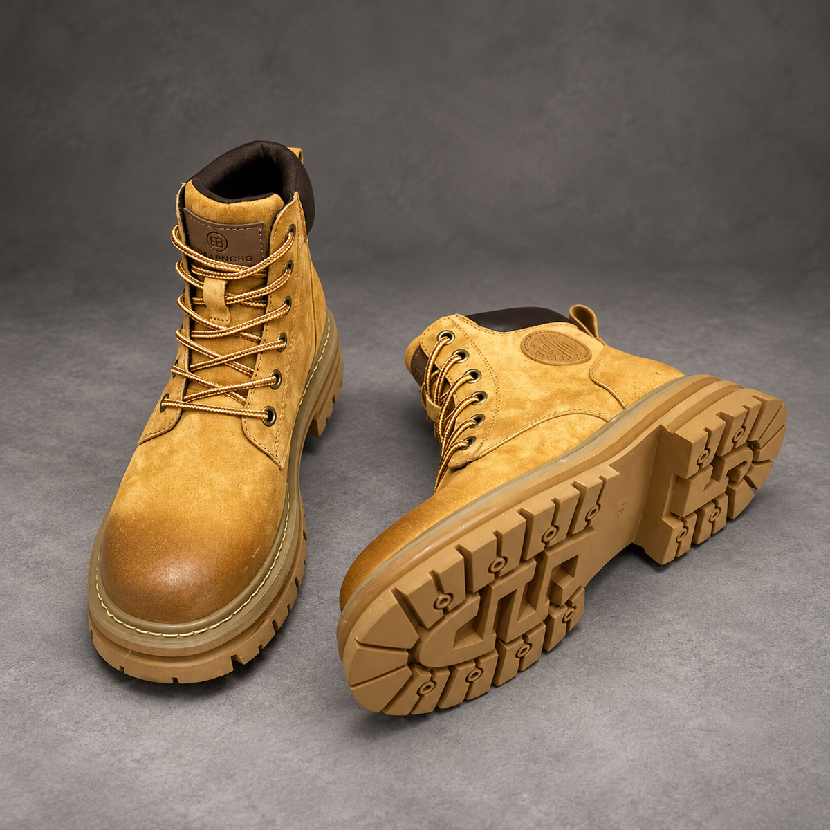 Women’s Lace-Up Leather Ankle Boots – Chunky Sole Casual Work Shoes – Khaki – front and sole view