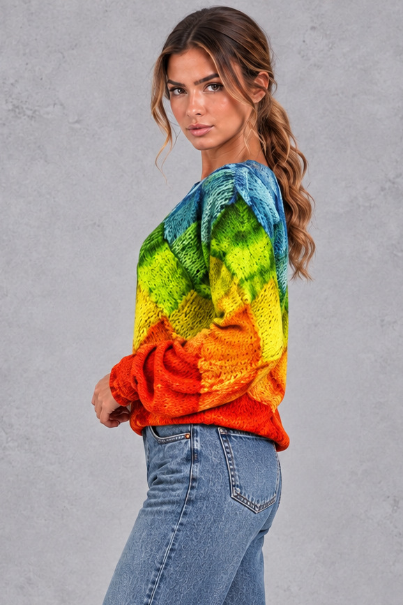 Women's rainbow basket weave patchwork print jumper – side view