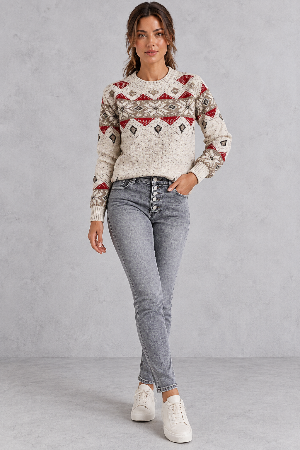 Women's cream Fair Isle Christmas jumper with grey jeans – full-length view