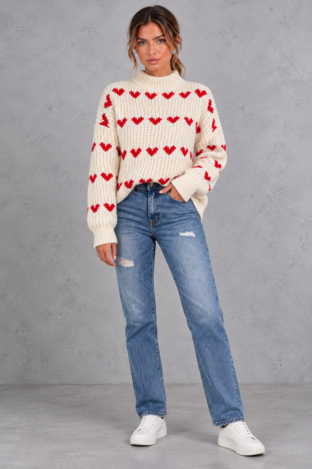 Women's cream heart pattern oversized mock neck jumper – full-length view