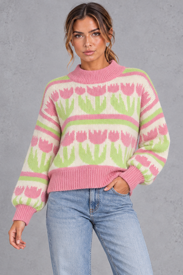 Women's pink tulip oversized mock neck jumper – front view of the tulip-pattern colourway