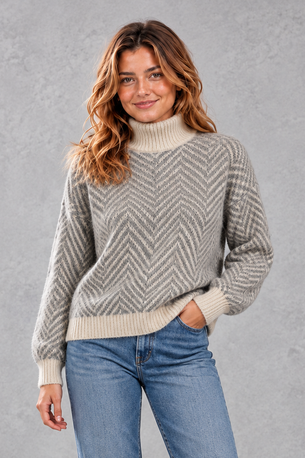 Women's herringbone roll neck jumper in Grey – front view