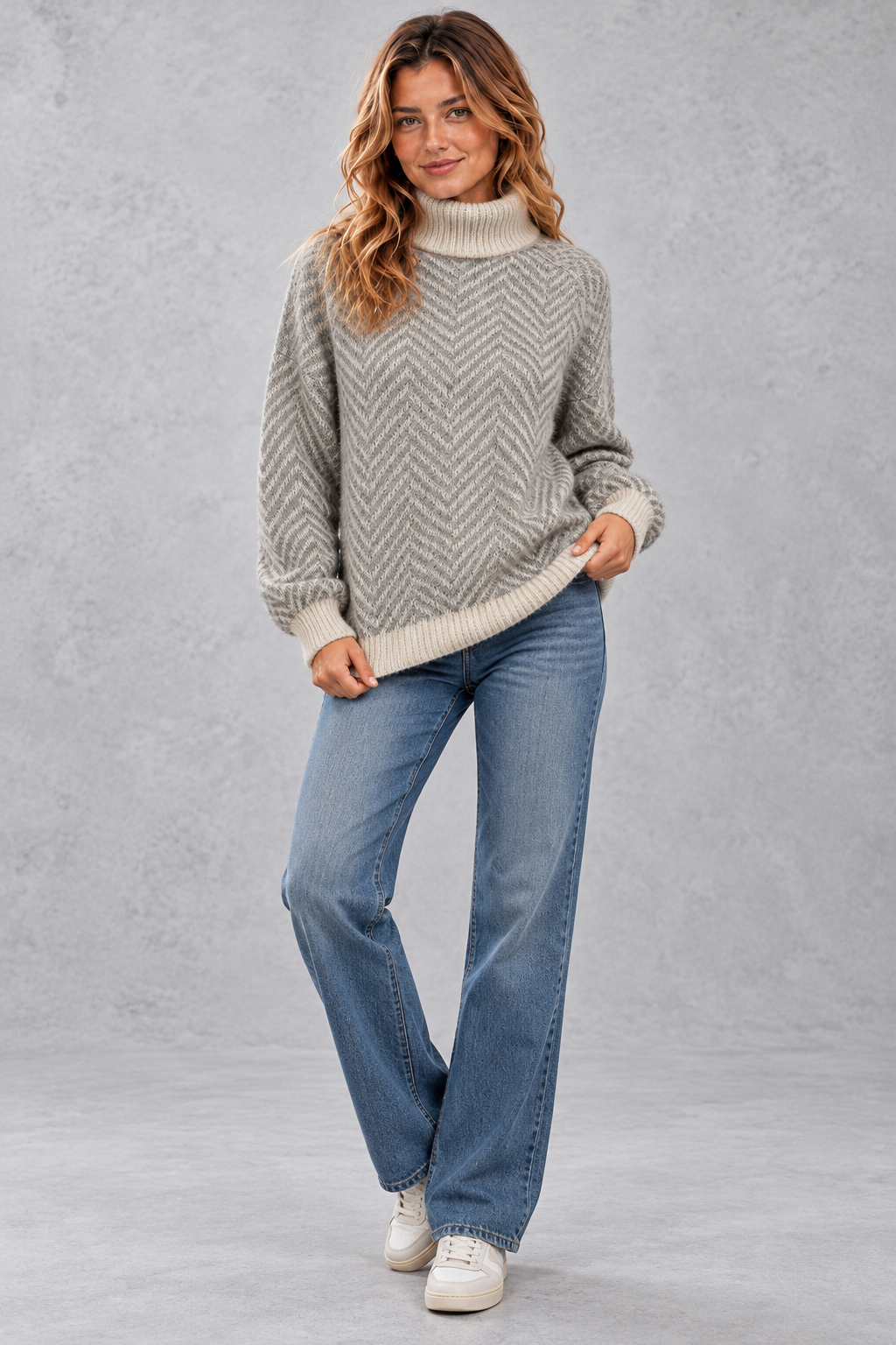 Women's herringbone roll neck jumper in Grey – full-length view