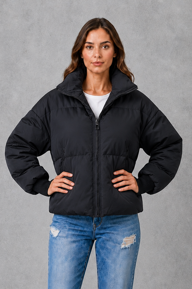 Women’s high collar quilted puffer jacket with lightweight padding, full zip fastening and practical side pockets for everyday winter wear.