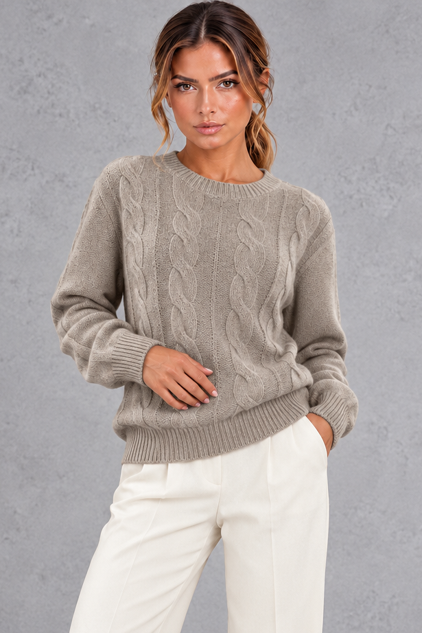 Women's taupe brushed cable knit crew neck jumper – front view