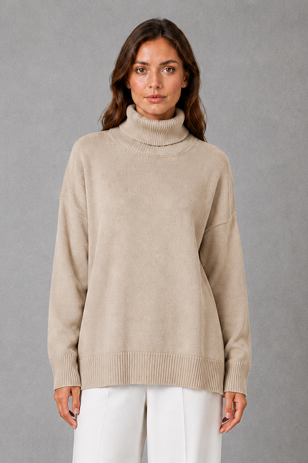 Women’s high neck knit jumper with a relaxed loose fit, cosy turtleneck, long sleeves and soft knitted finish for autumn and winter.