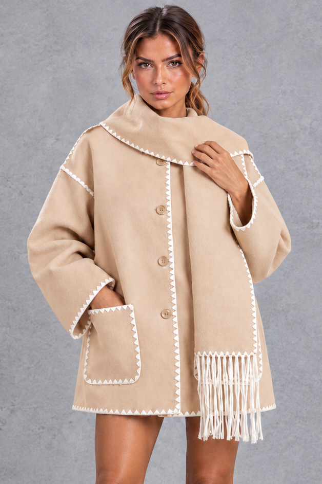 Women's Scarf Collar Jacket – Contrast Blanket Stitch & Fringe Detail – Beige – front view