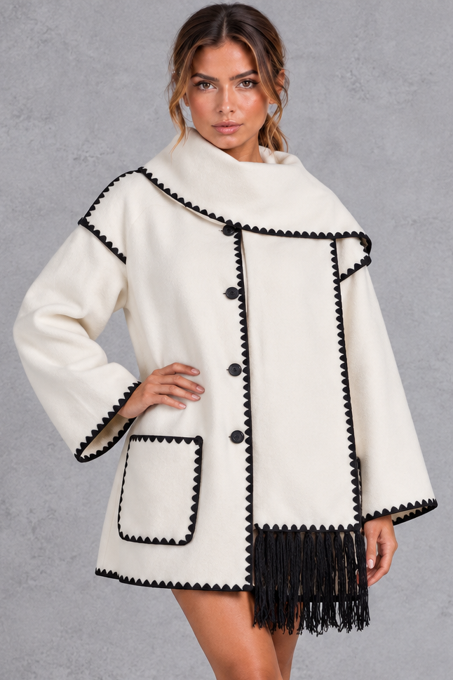 Women's Scarf Collar Jacket – Contrast Blanket Stitch & Fringe Detail – White – front view