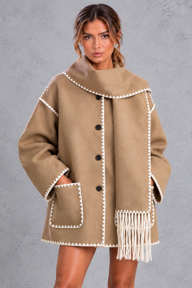 Women's Scarf Collar Jacket – Contrast Blanket Stitch & Fringe Detail – Khaki – front view