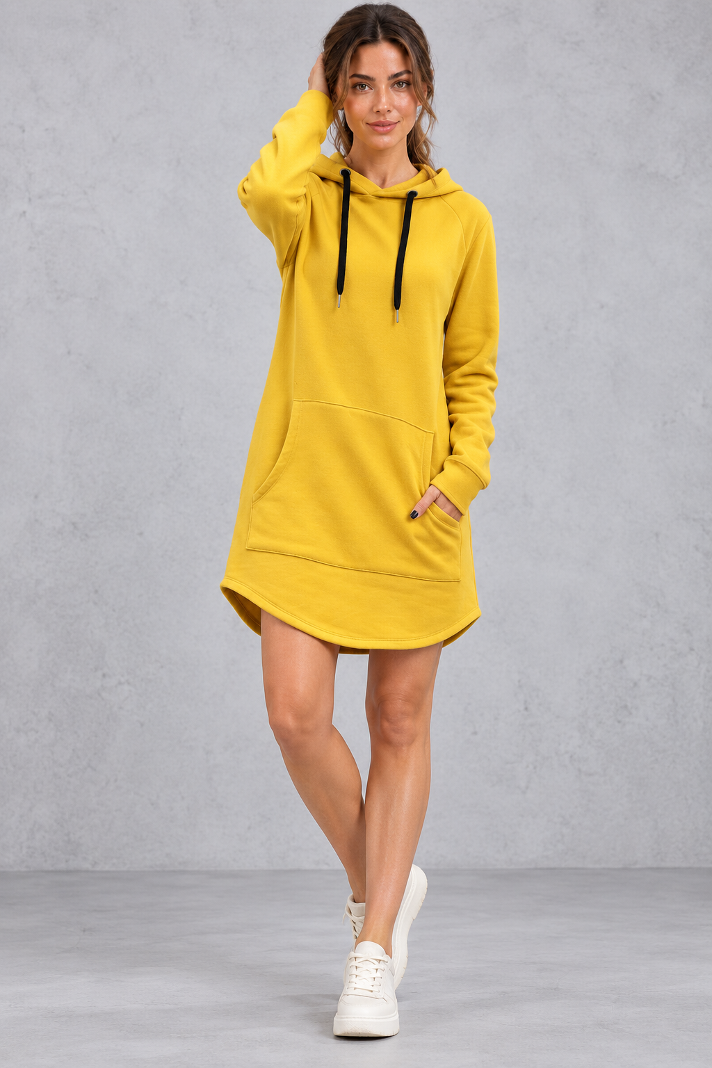 Women's yellow hooded sweatshirt mini dress with drawstring hood and kangaroo pocket – front view