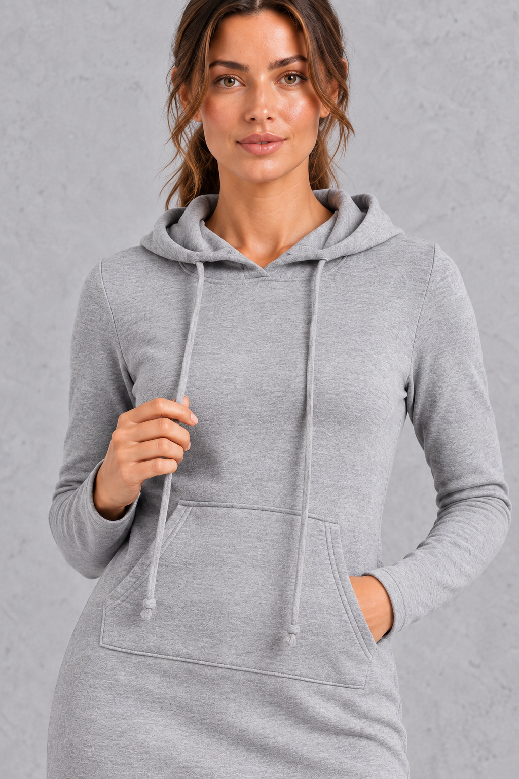 Women's grey hoodie dress – close-up of drawstring hood and kangaroo pocket