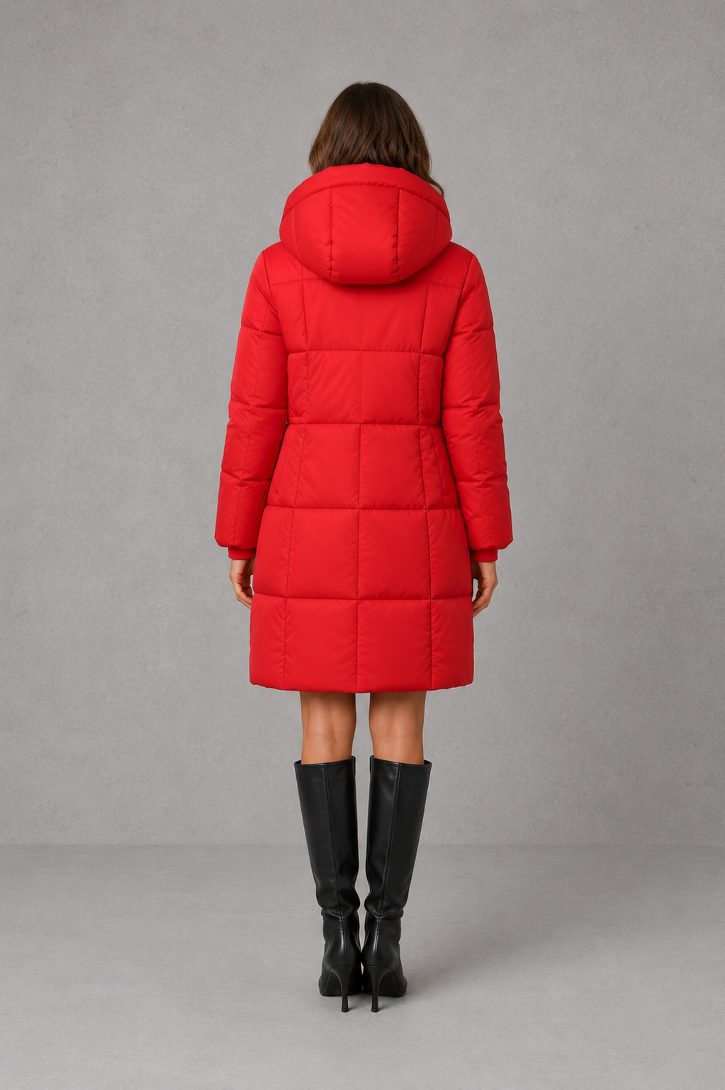 Women’s hooded puffer coat with lightweight insulated padding, structured hood and a flattering feminine silhouette for cold-weather wear.
