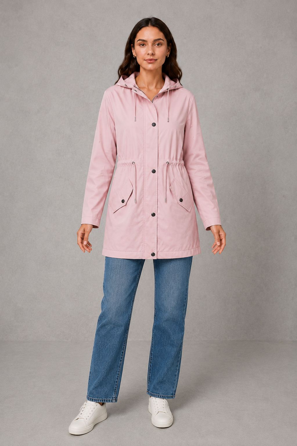 Women’s hooded water-resistant parka with an adjustable drawstring waist, longline fit, storm flap and practical front pockets.