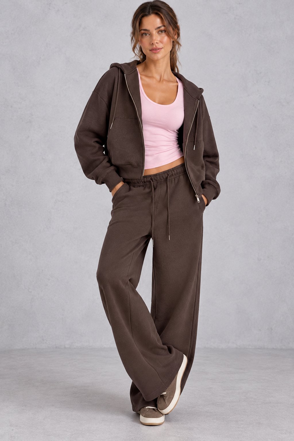 Women's brown zip-up hoodie and wide leg jogger set – front view
