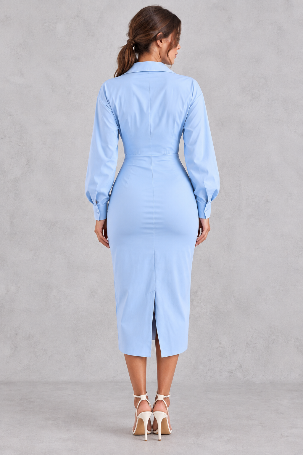 Women’s lapel pleated maxi dress with long sleeves, a tailored-inspired neckline and elegant flowing silhouette.
