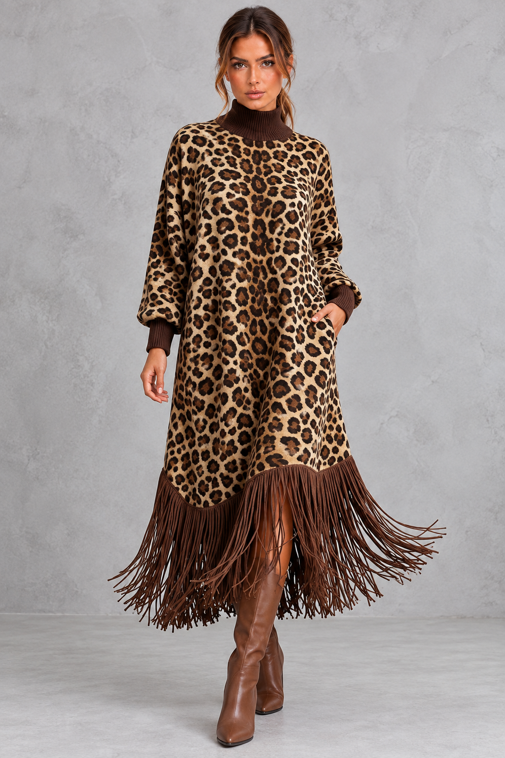 Women’s leopard print boho maxi dress with a high neckline, long sleeves, relaxed A-line silhouette, practical pockets and tassel-trimmed hem.