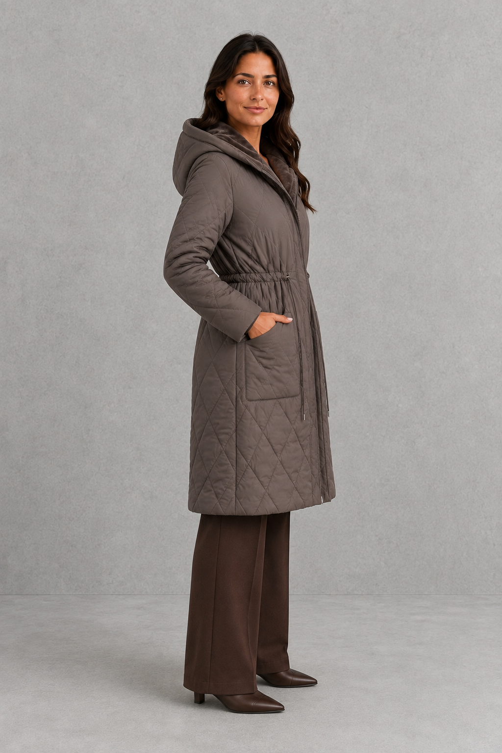 Women’s long quilted puffer coat with classic diamond quilting, a soft faux fur collar, adjustable drawstring waist and practical front pockets.