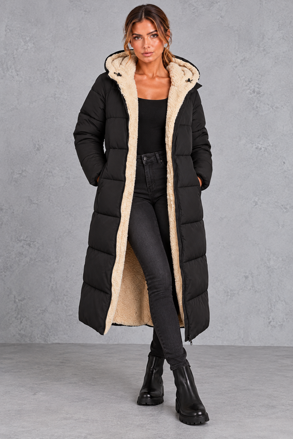 Women's Longline Sherpa-Lined Puffer Coat – Black