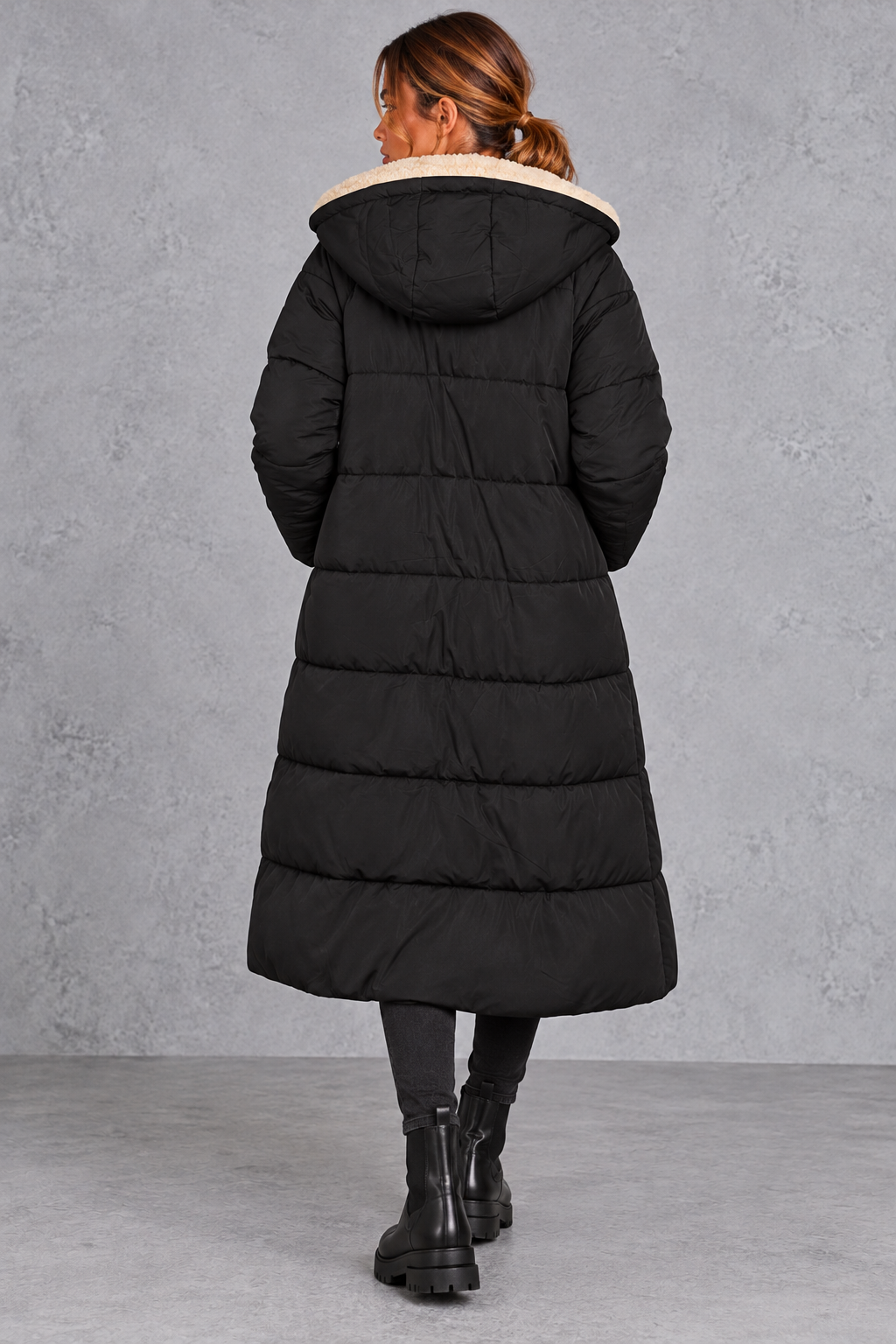 Women's Longline Sherpa-Lined Puffer Coat – Black
